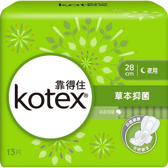 靠得住 Kotex 草本抑菌衛生棉, 1個, 28cm 夜用 isi 13片入