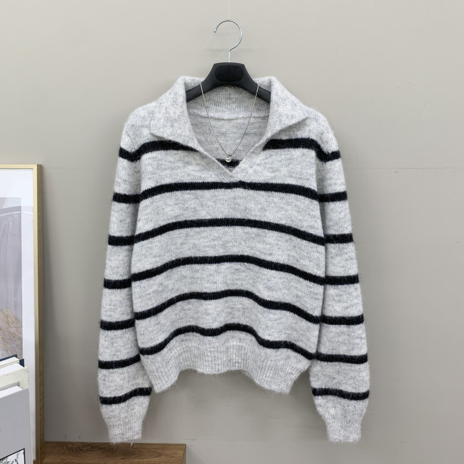 [행복여] 루이스 스트라이프 배색 브이넥 오픈 카라 니트