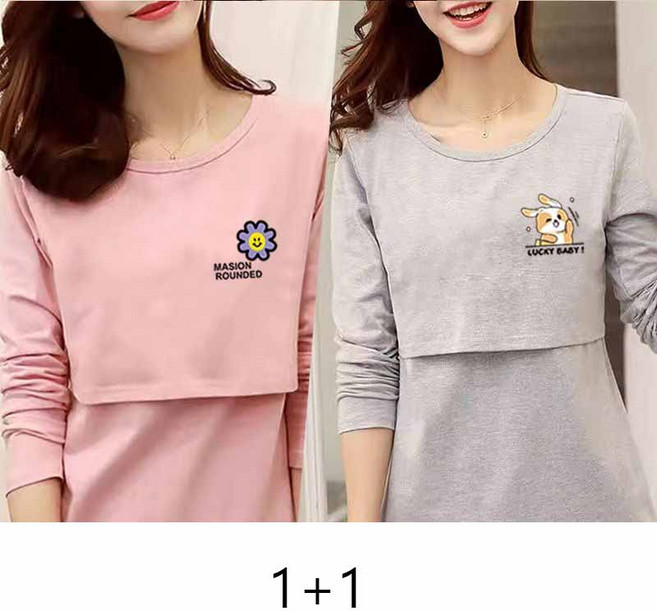 1+1 임산부 봄 수유복 긴팔티 패션 임부 프린트 수유 티셔츠 외출 긴팔 수유 상의 YLP