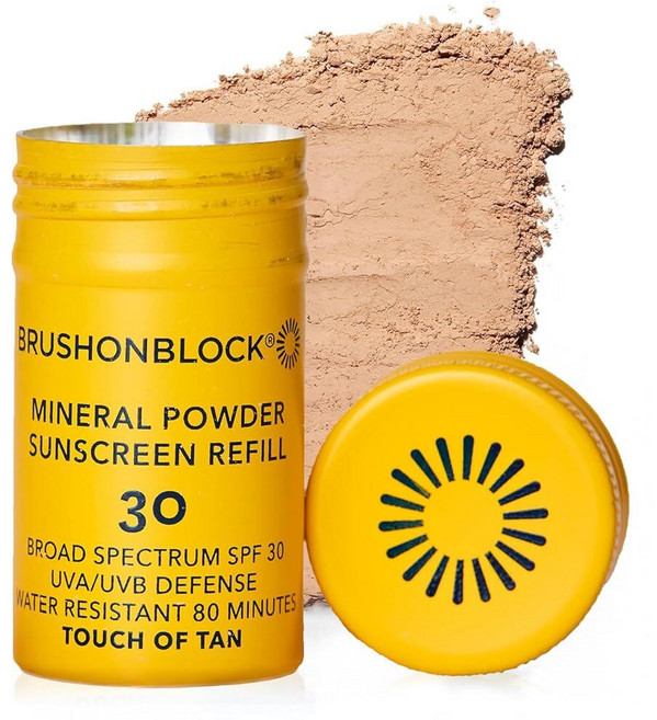 Brush On Block 미네랄 자외선 차단 파우더 리필 천연 광범위 스펙트럼 SPF 30 민감한 피부에 안전 UVA UVB 얼굴 보호 암초 친화적 (반투명 - 리필), 터치 오브 탠 - 새로운 포뮬러, 1