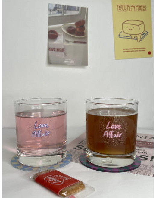 러브어페어(퍼플/핑크) 2p 자체제작 온더락 홈카페 유리컵 290ml, 2개, 78*90mm