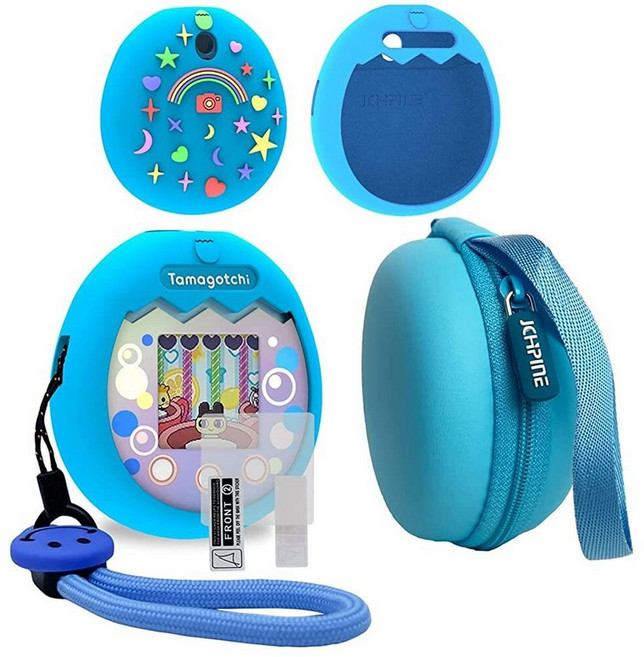 JCHPINE Tamagotchi Pix 인터랙티브 가상 애완 동물 게임 기계와 호환되는 하드 휴대용 케이스 및 실리콘 커버 다마고치 픽스 액세서리용 스크린 필름 프로텍터(퍼, 블루