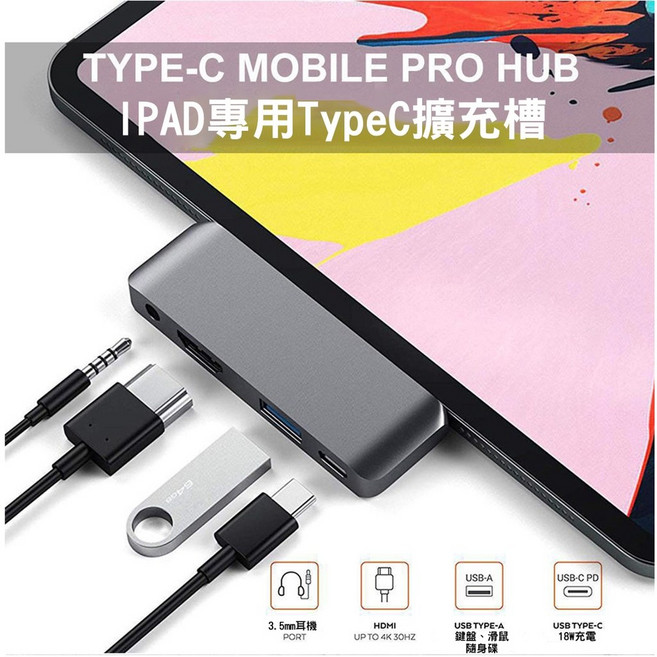 貝占 iPad Pro Air Type-C 轉 4K HDMI USB 讀卡機 HUB 轉接頭, 灰色, 1個