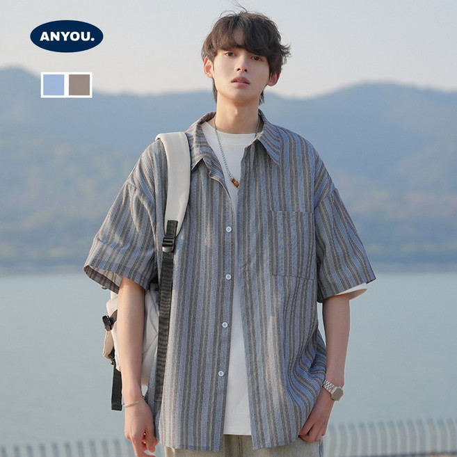 ANYOU 남자 여름 반팔 스트라이프 셔츠 루즈핏 통기성 캐주얼 티셔츠