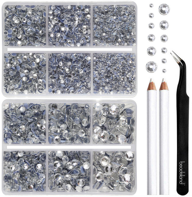 Beadsland(비즈랜드)핫픽스 라인석 옷 공예용 라인석 펜슬과 핀셋이 포함된 6가지 사이즈 혼합 키트, 1세트, 크리스탈