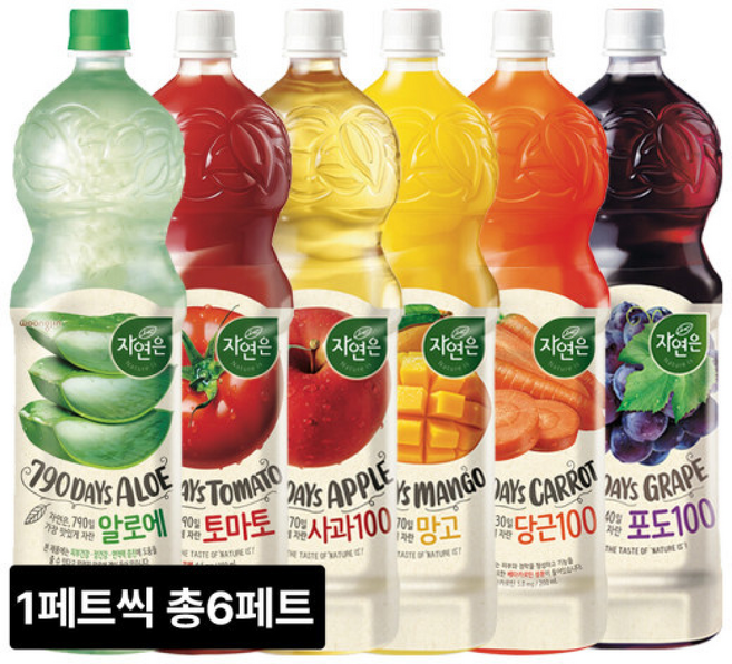 웅진 자연은 알로에 토마토 사과 망고 포도 당근 / 1페트씩 총 6페트 과일주스 혼합, 1개, 1.5L
