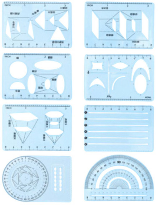 중학수학 2차함수 포물선그래프용 도형눈금자 8P 반복그리기 도형기초용 모양자 직자, 1세트, 투명