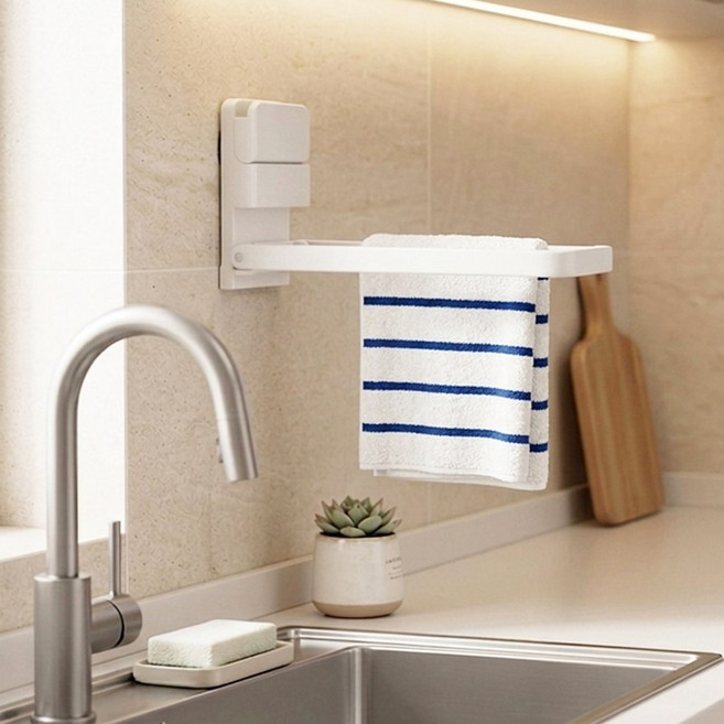 캄핏 틈새수납 진공흡착 무타공 접이식 행주걸이, 1개, 화이트