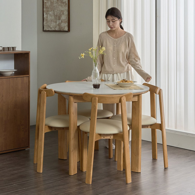 파로마 아바 원형 세라믹 원목 식탁 1000 4인 세트 (의자 4), 네추럴 세라믹 의자 4개 세트