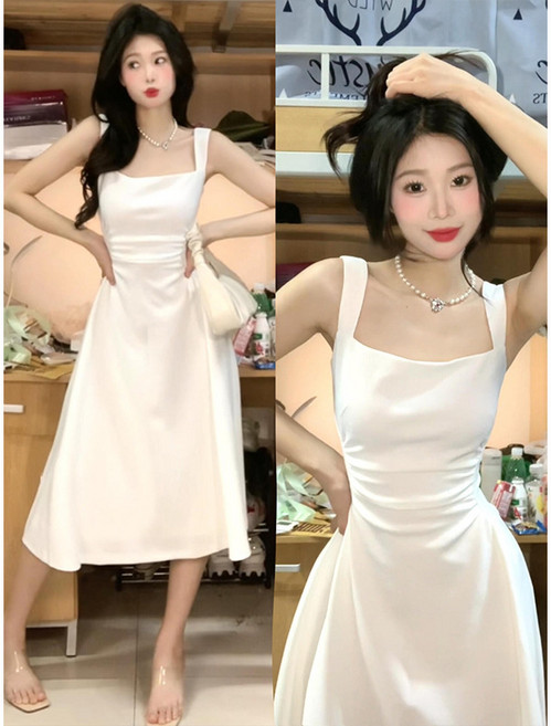 DIU 白色吊帶連衣裙女夏收腰顯瘦法式氣質高腰無袖長裙高級感方領裙子