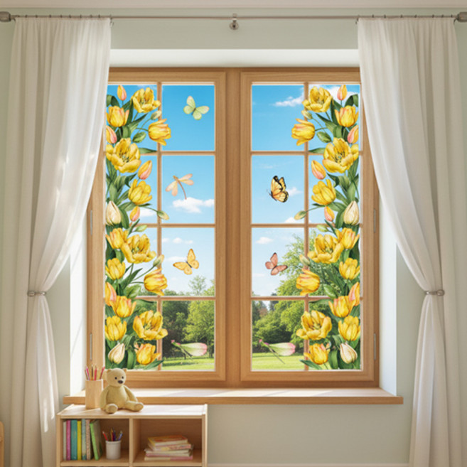 주방 창문 유리 카페 벽 데코 시트지 나비 튤립 꽃 인테리어 스티커 P111
