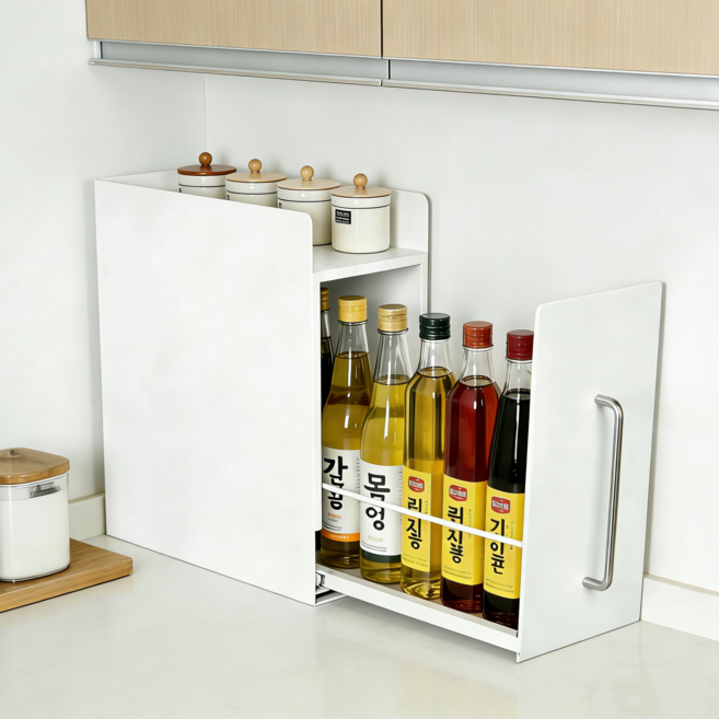 리빙가감법 주방 틈새 공간 활용 튼튼한 철제 슬라이딩 수납장 미끄럼 방지 양념통 컵 물병 서랍형 주방 정리함, 1개, 화이트