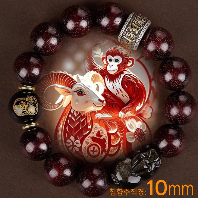 흑요석 소원성취 12개 띠별 팔찌 행운의 행복주 소엽자단 지름10mm