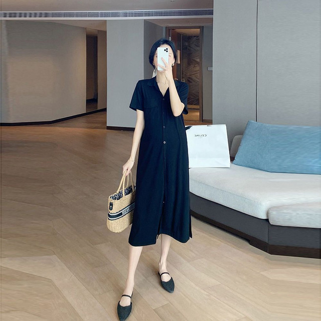 임산부 여름 수유 원피스 심플 셔츠 원피스 편안한 스타일 캐주얼 버튼 장식 및 반팔 디자인 JS