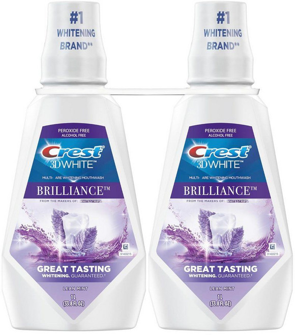 Crest 구강 세정제/구강 세정제 3D 화이트 브릴리언스 미백 알코올 프리 클린 민트 2x1L (340 액량 온스), Crest 구강 세정제/구강 세정제, 3D 화이트 브릴