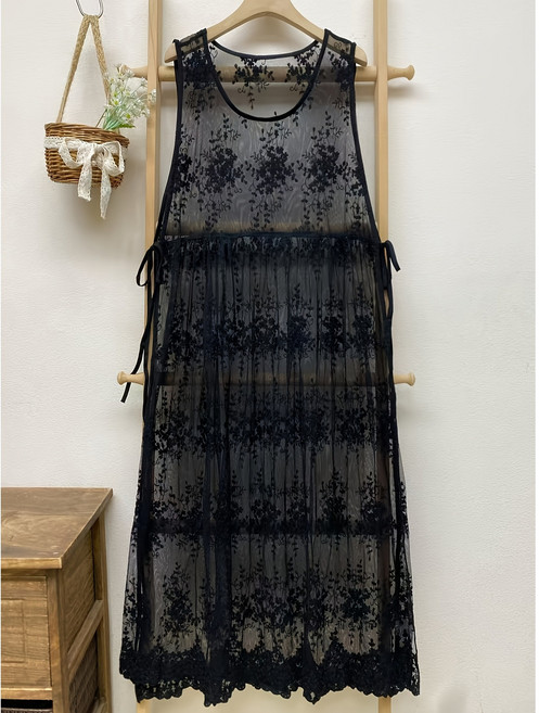 여름 단색 레이스 자수 롱 원피스 라운드넥 루즈핏 양끈 조절 외착 레이어드 가디건