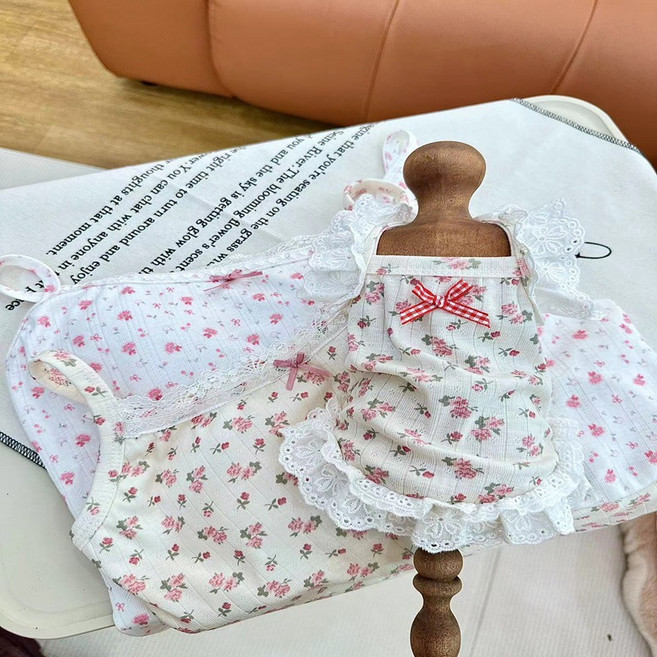 육돌이 반려동물 강아지 고양이 레이스 티셔츠, 1개, 베이지플라워