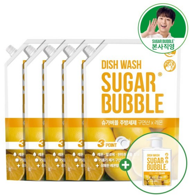 슈가버블 구연산 주방세제 레몬 리필 + 본품 증정, 5개, 1정, 1.2L