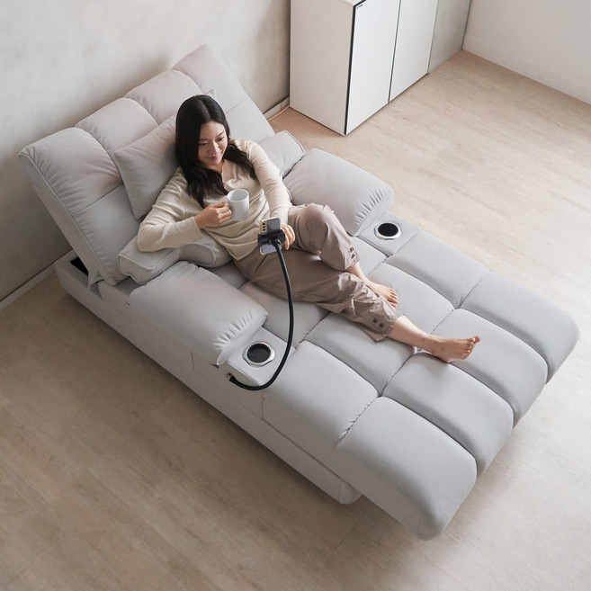 [에보니아] 라온 1인용 전동 슬라이딩 쇼파 패브릭 소파베드 리클라이너, 라이트그레이