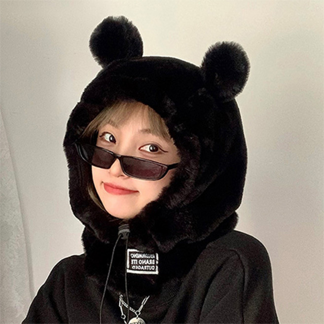 곰돌이 겨울 방한 스키 바라클라바 후드 넥워머 털 모자, 부털이 블랙