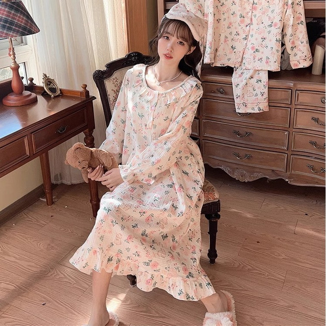 [오뚱점빵] 여성 긴팔 원피스 잠옷 홈웨어 파자마