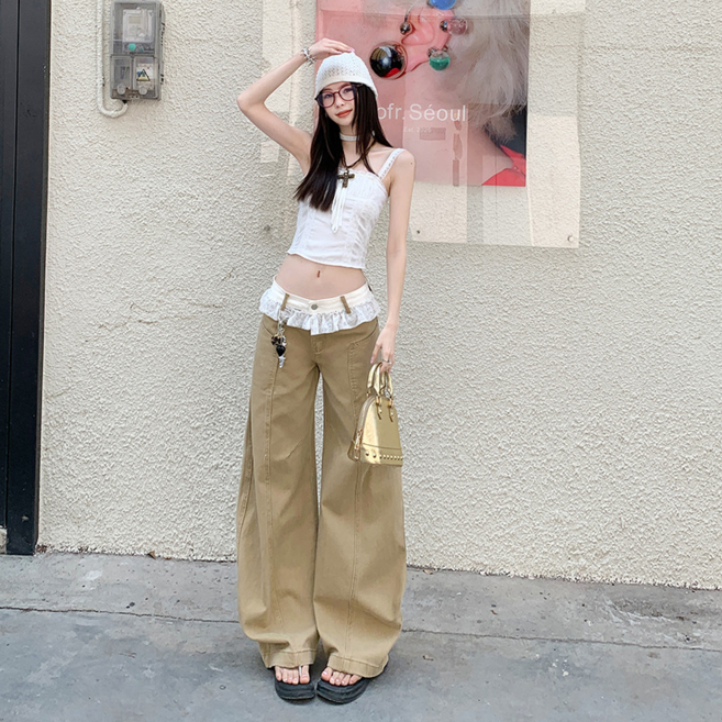 SAHINER 봄가을 여성 레이스 하이웨스트 와이드 데님 롱팬츠 LJBKZ09