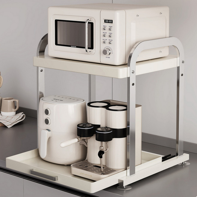 Homi Zon 스텐 슬라이딩 전자레인지 수납 선반 높이 조절 다용도 주방 전자렌지 수납장, 2단