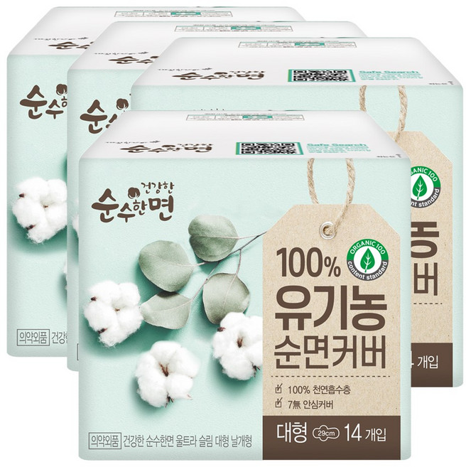 순수한면 건강 생리대 날개형, 대형, 14매입, 4개
