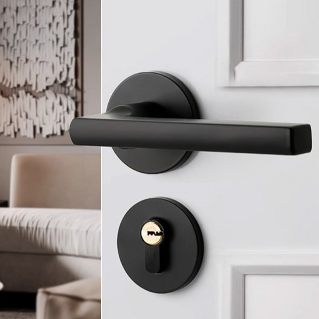 靜音門鎖 衛浴鎖 合金把手門鎖, 1個, 黑色(附贈鑰匙)