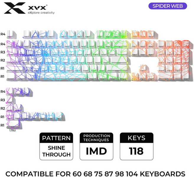 XVX TOPOGRAPHIC 새 TECH 버전 TH GH SHINE 키캡 프로필 패턴 118 키 IMD 세트 OEM, white Spider Web