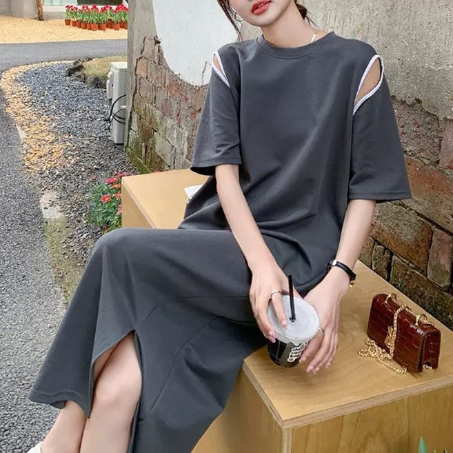 ORZQU 여성 예쁜 여름원피스 반팔원피스 순면 빅사이즈 트임 롱 티셔츠 원피스