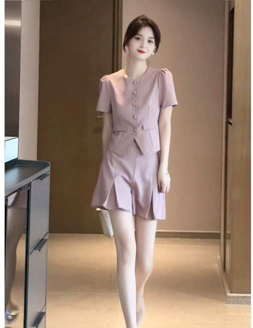 캐주얼 여성 세트 캐주얼 라운드 반팔 자켓 + 하이웨이스트 반바지 상하의 투피스 루즈핏 봄 여름 여자 정장 세트 RSH