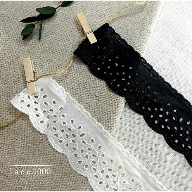 레이스천 넝쿨 자수&펀칭 면레이스 면테이프 리본공예 의류 악세사리 소품 부자재, 블랙, 1개