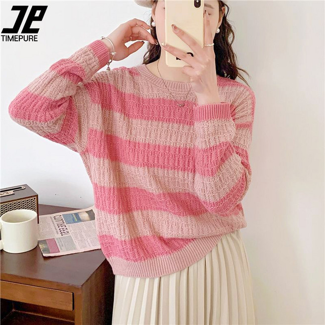 여성 루즈핏 라운드 긴팔 스트라이프 스웨터 니트 봄가을 코디 상의