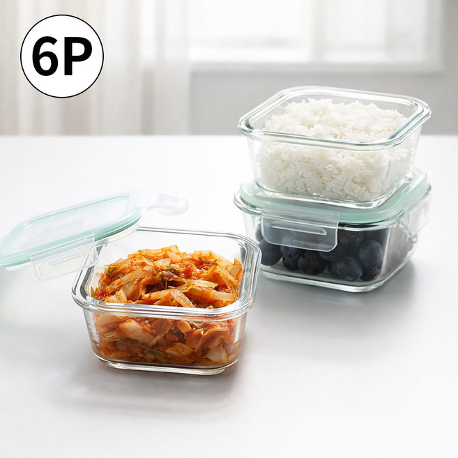 ROYAI ONE 사각 냉동밥 보관용기 유리 전자렌지용 밥용기, 파란색320ml, 6개