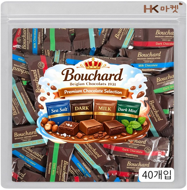 에이치케이마켓 부샤드 초콜릿 네가지맛 40개입 (씨솔트 다크 밀크 다크민트), 40개, 6.2g