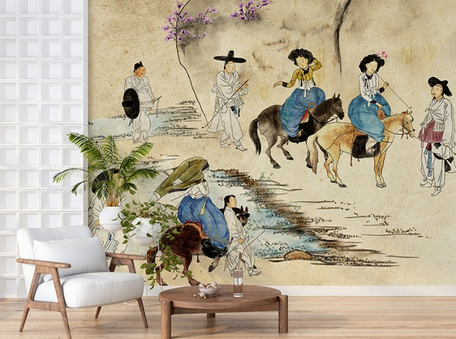 동양화 벽지 22o045 신윤복 연소답청 전통 한국화 인테리어 3폭(주문 제작도 가능), 주문제작 053-767-7727