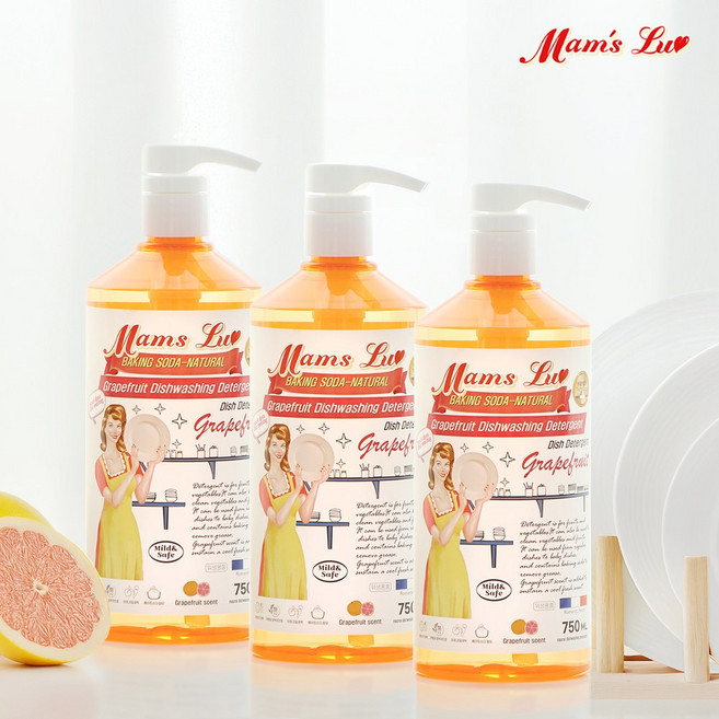 맘스럽 자몽 주방세제 750mlX3개입 오리지날 자몽향 고농축형 항균인증 피부저자극테스트인증 상큼함이 그대로 야채 과일 세척제 중성세제, 3개, 750ml
