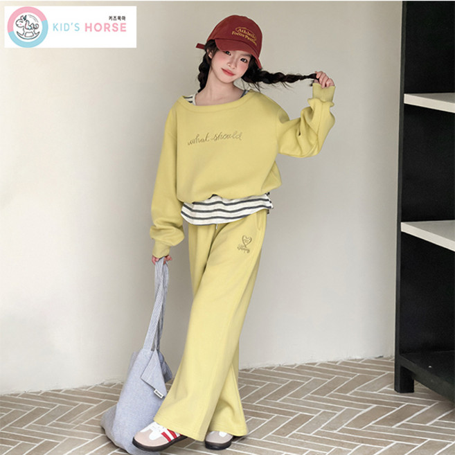키즈목마 봄 여아 영문 자수 스트라이프 레이어드 상의 초등생 상하복 주니어 긴팔 상의+하의 세트 초등생 긴바지837
