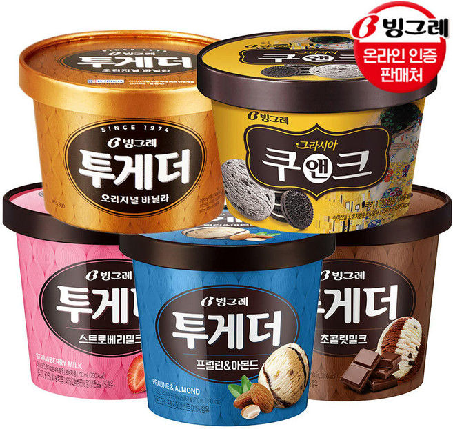 빙그레 투게더 혼합 5개 (바닐라1+프럴린1+스트로베리1+초콜릿1+쿠앤크1), 900ml