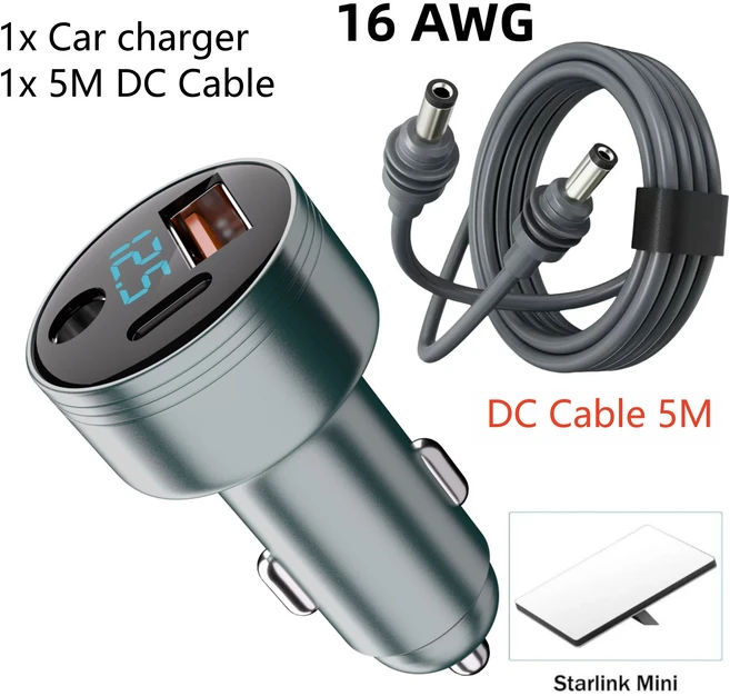 스타링크 미니용 3 in 1 차량용 충전 어댑터 (DC 5521 USB-C QC 3포트 PD 고속 지원 16AWG 케이블 포함), 01 CHINA, 03 5M line Car charger