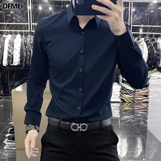 DFMEI 男士長袖黑色修身潮流襯衫秋季商務職業正裝休閒白襯衣西裝打底寸