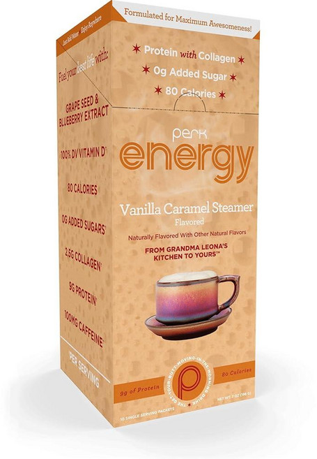 Perk Energy Original 바닐라 캐러멜 스팀기 맛 음료 파우더 10회 스틱팩 글루텐 프리 땅콩 콩 3019227, Perk Energy Original 바닐라 캐러멜 스, 1, 9g, 오렌지
