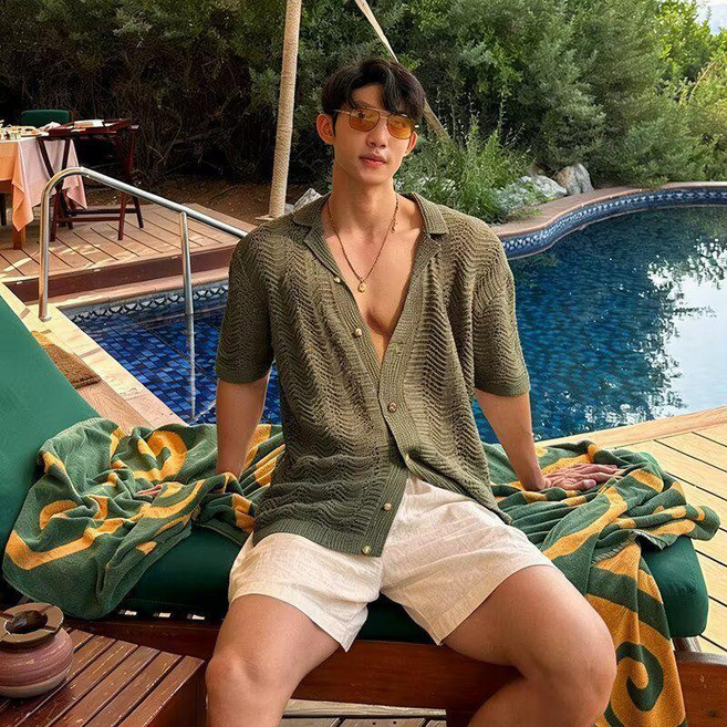 鏤空針織短袖襯衫 男士夏季寬鬆半袖襯衣