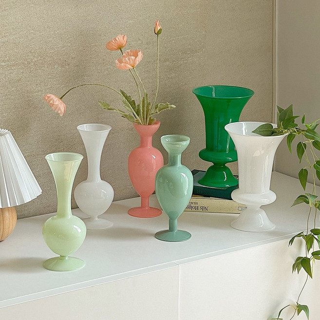 오팔린 빈티지 글라스 화병 8종 프렌치 감성 오브제 꽃병, 카라-화이트