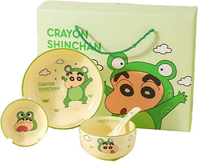 가와시마야 짱구 세라믹 한식기 5종 세트, 그린 + 옐로, 1세트, 접시 + 공기 + 종지 + 숟가락 + 젓가락