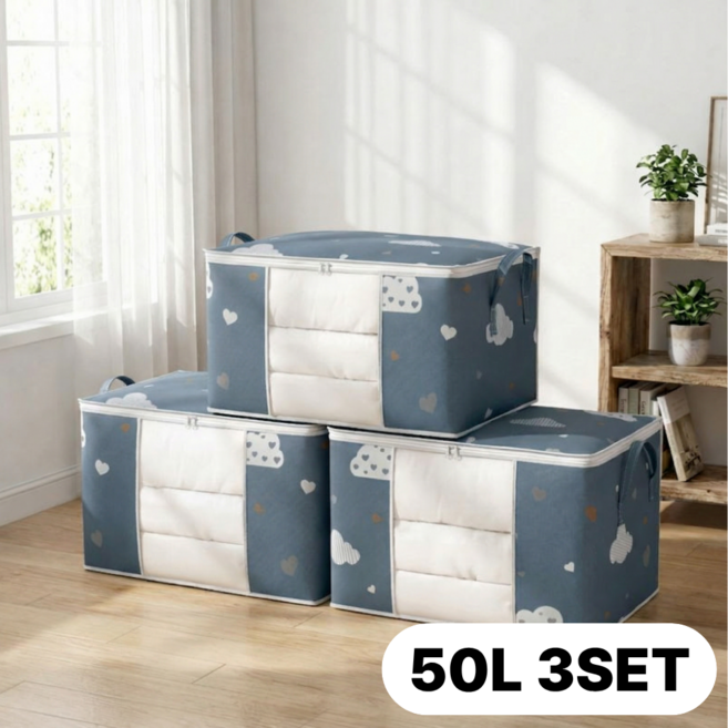 굿컨트리 투명창 패브릭 리빙박스 1+1+1 이불 계절 옷정리 보관함, 3개, 네이비