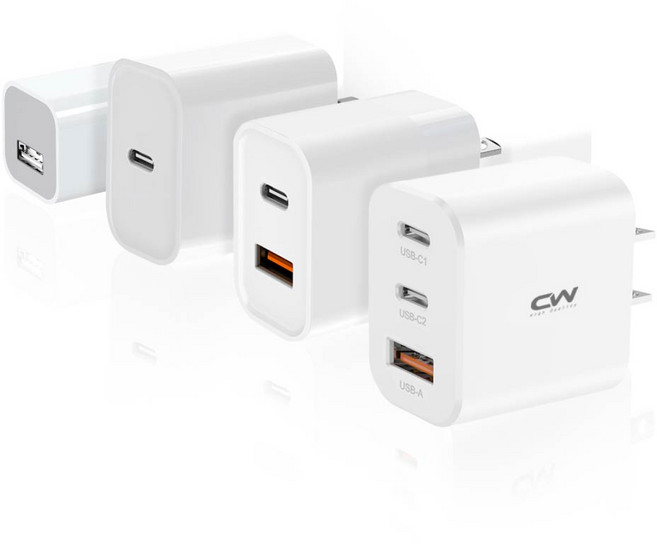 CW充電器 PD快充頭 Type C充電頭 Usb豆腐頭 氮化鎵GaN 30W雙孔插頭20W 適用於iPhone充電頭, 1個, 20W PD快充頭(A+C雙孔), 白色