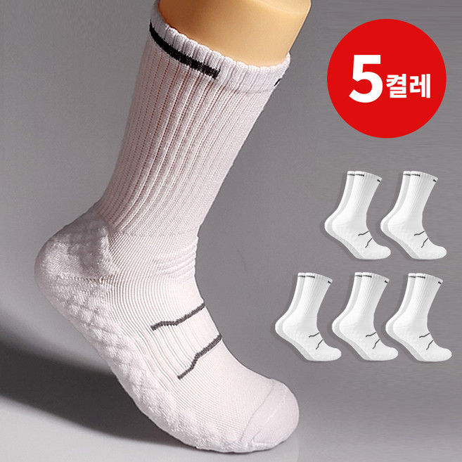 폴링 두꺼운 쿠션 스포츠 양말 장목 화이트 블랙 5켤레