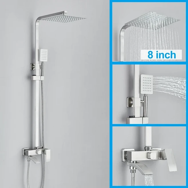 비 샤워헤드 니켈 샤워 수도꼭지 세트 휴대용 황동 온수 냉수 믹서 시스템 스테인레스 스틸 내구성 물에, 01 CHINA, 08 Nickel 8inch